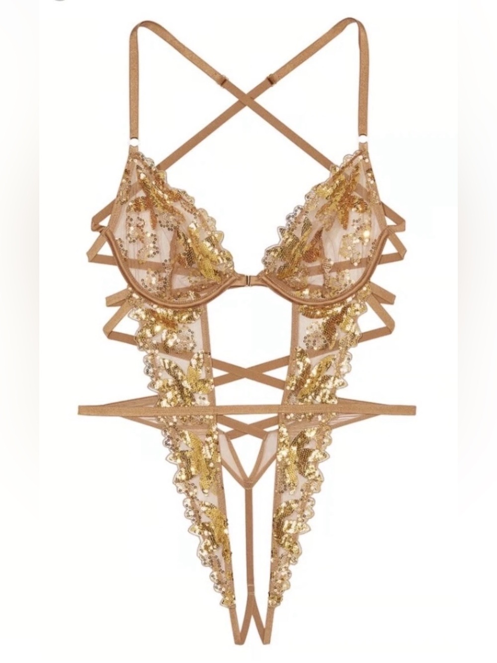 Victoria's Secret Gold Sequin Lace Teddy V String Bodysuit Gold Brown